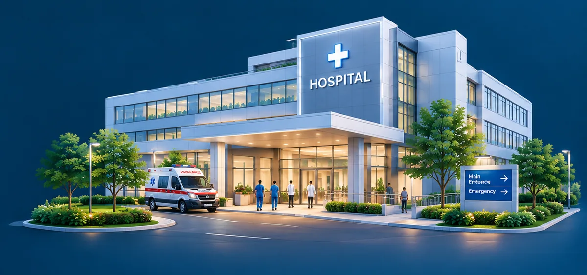 A hospital building with an ambulance at the entrance