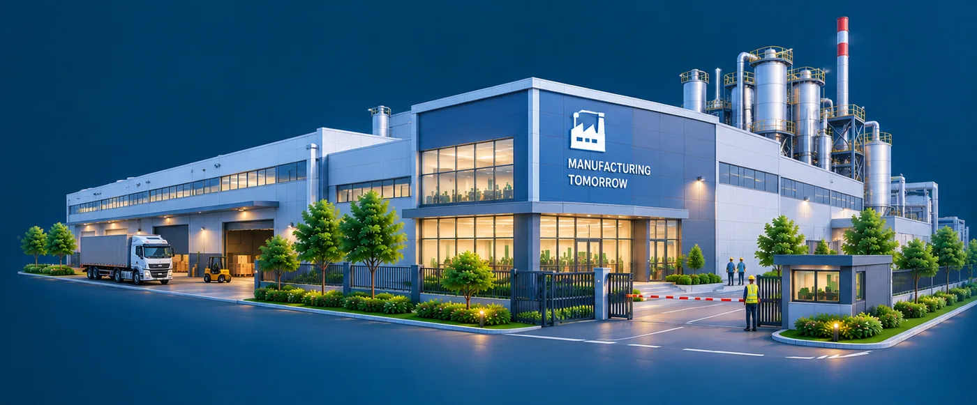 A manufacturing plant with loading docks and processing towers