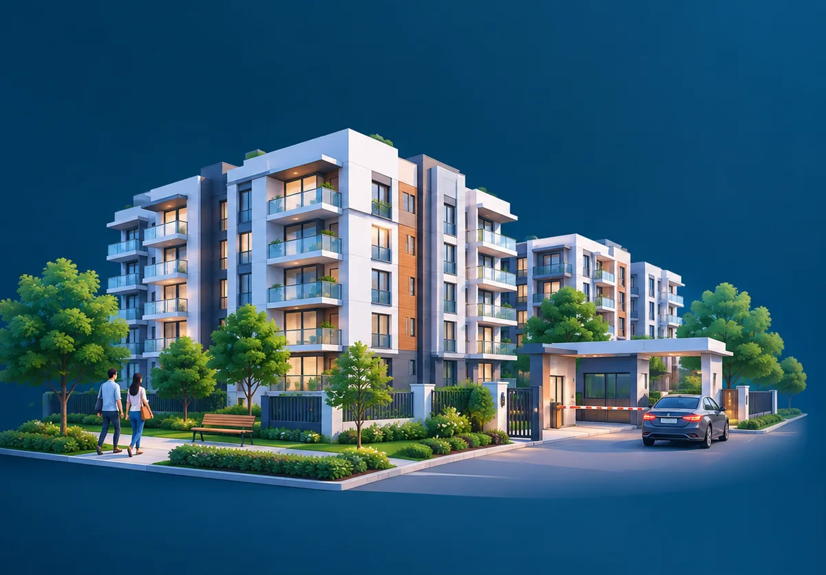 Residential apartment buildings with a gated entrance