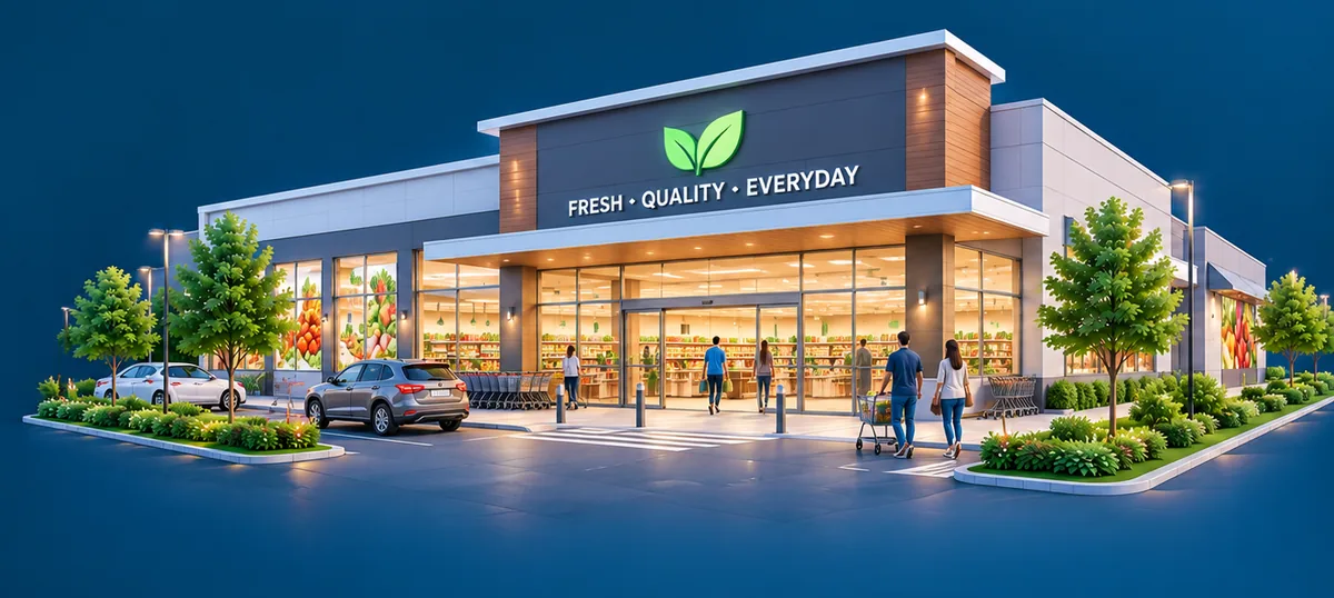 A supermarket storefront with shoppers at the entrance