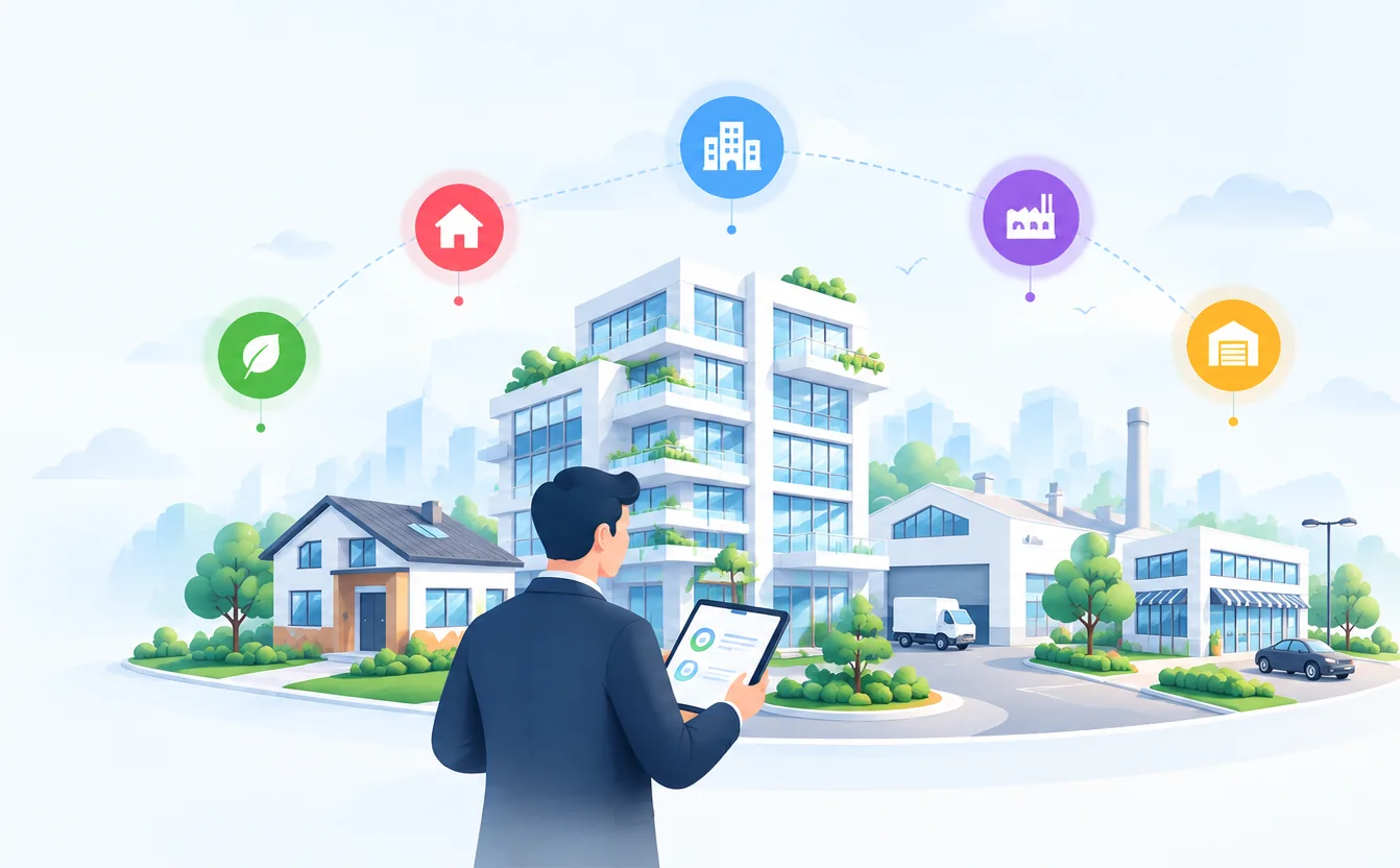 A facility manager reviewing residential, corporate, and industrial properties from one place